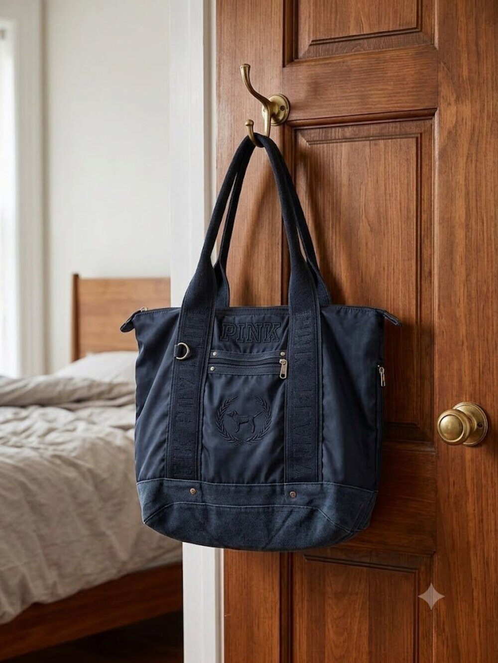 PINK Victoria's Secret Navy Satin & Canvas Tote Bag